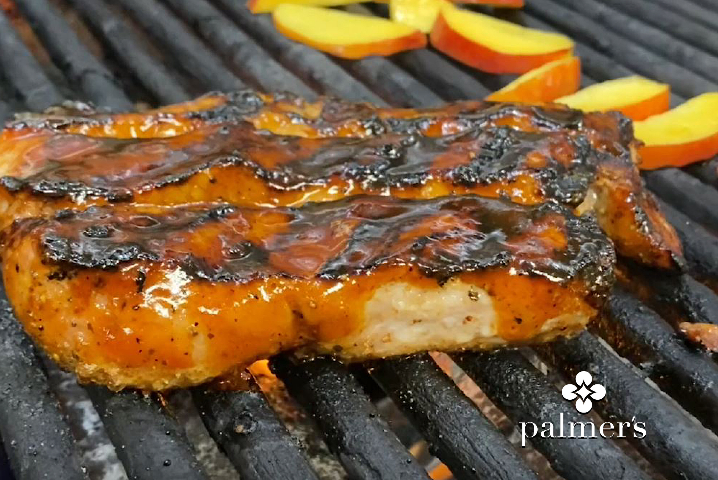 Country Style Pork Ribs with Bourbon Marinade, Peach BBQ sauce and Grilled Peaches